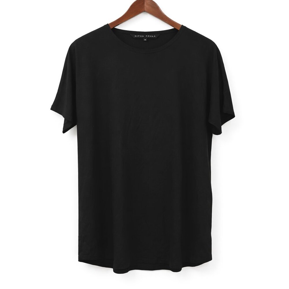 Ritva Falla by Falla Finland Jersey Stretch Knit Tunic Top Shirt Solid Black M